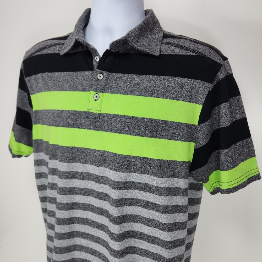 Distortion Casual Polo Shirt Men's Stripe Size XL Short Sleeve Gray Neon Green